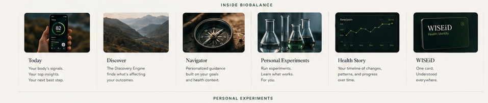 Hand holding a phone with the BioBalance score screen